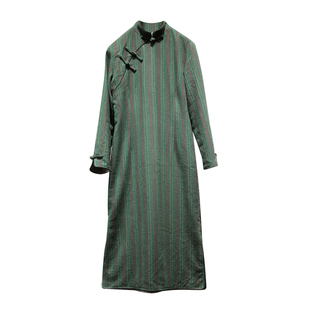 玉想 青衿 中式女装传统复古文艺条纹棉布手工盘扣民族风夹单旗袍