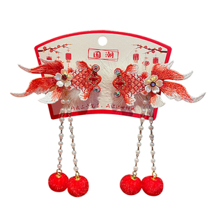 新年头饰红色儿童发夹女童过年穿搭汉服蝴蝶结发卡古风醒狮中国风