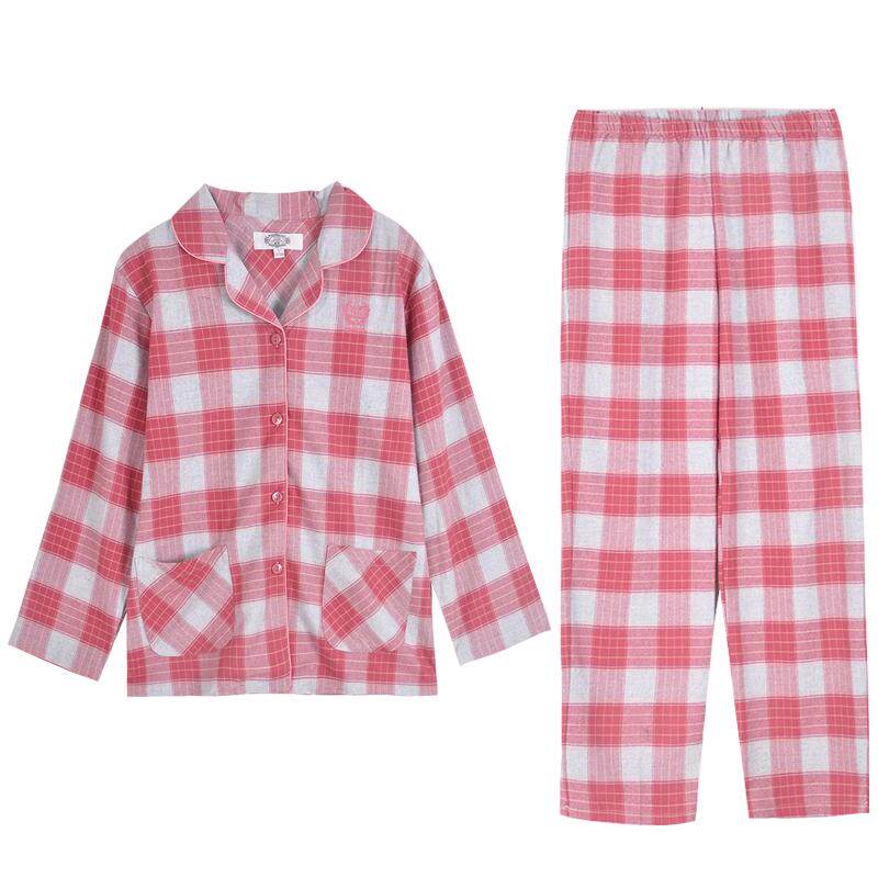 美标睡衣全棉100%纯棉春秋情侣梭织磨毛女格子家居服套装男女
