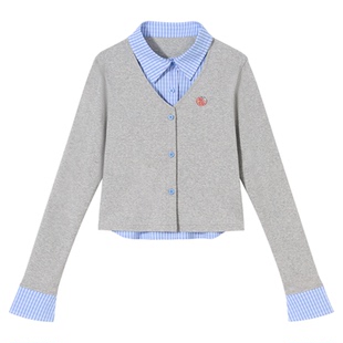 PSO Brand女装可爱苹果V领假两件拼接衬衫短款修身长袖开衫上衣秋