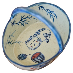 梵悦原创文艺复古景德镇釉下彩青花手绘猫咪陶瓷小果盘带提手盘子