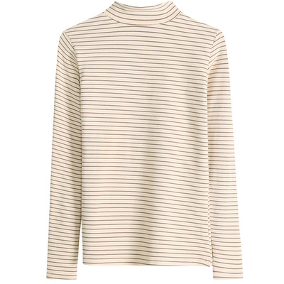 纯棉半高领打底衫女长袖春秋冬新款加厚磨毛保暖内搭条纹T恤上衣