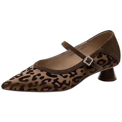 千百度豹纹中跟玛丽珍鞋女秋季新款尖头轻奢高级感浅口单鞋