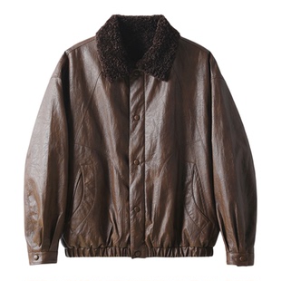 LUUD 冬季加厚保暖内里加绒羊羔毛领皮衣外套男皮毛一体PU皮夹克