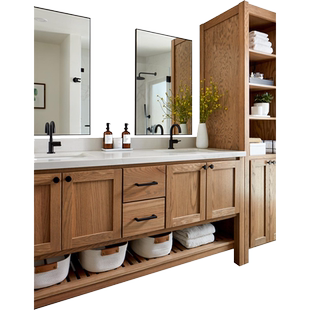 美式浴室柜橡木陶瓷一体双盆洗脸盆洗手盆柜组合卫生间洗漱台定制