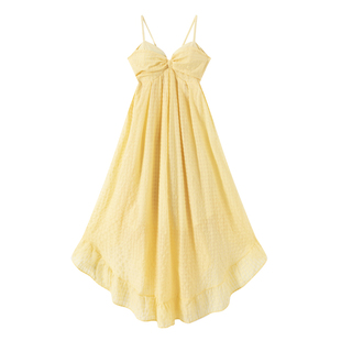 三亚海边穿搭浅黄色格纹度假风露背连衣裙多巴胺海岛沙滩挂脖长裙