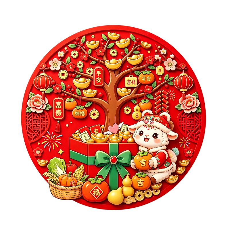 羊年发财树墙贴平安吉祥贴画新春柿子元宝花卉中式创意装饰贴纸画