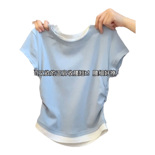 韩系chic港味假两件短袖T恤女夏季韩版修身显瘦短款打底上衣小衫