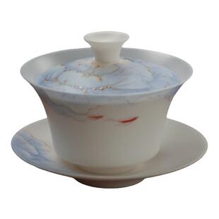 羊脂玉瓷马蹄盖碗牡丹手绘超薄功夫茶具单个高档三才盖碗德化白瓷