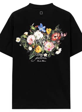新品WOOYOUNGMI25秋冬男士简约休闲日常舒适百搭花卉印花短袖T恤