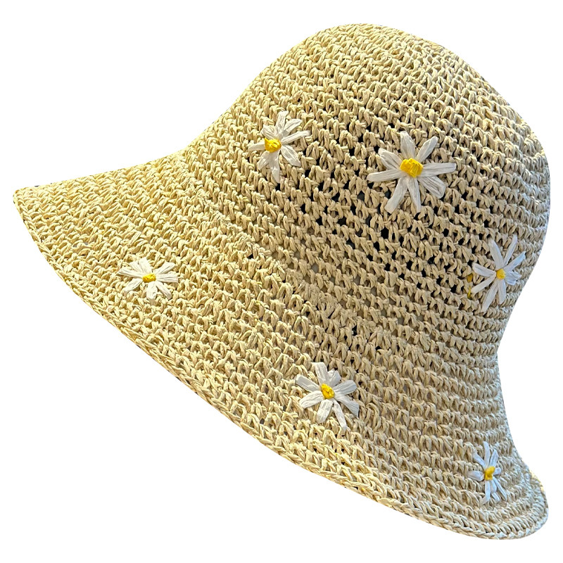 夏季编织大檐花朵草帽子女