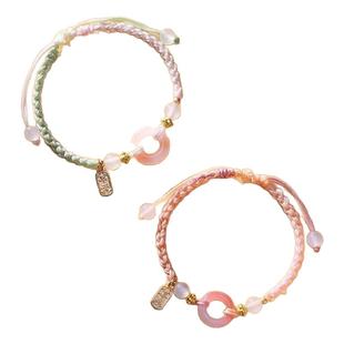 布艺彩色桃之夭夭平安扣手链女小众设计ins编织高档情侣手绳红绳