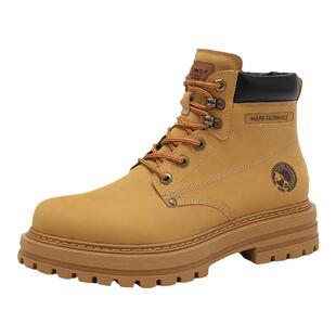 马克华菲大黄靴男加绒秋冬季防滑户外男马丁靴潮流厚底真皮短靴子