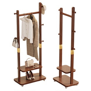新款实木衣帽架带轮挂衣架落地卧室可移动室内晾衣服架入门衣架子