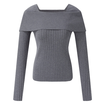 歌莉娅秋季一字领修身长袖上衣女