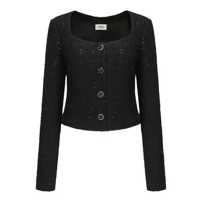 春夏新款女黑色亮片粗花呢短外套