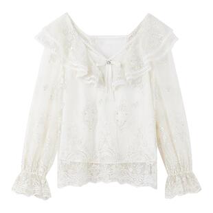MISSCOCOON可可尼白色V领上衣女款2025秋季新款宫廷风刺绣蕾丝衫
