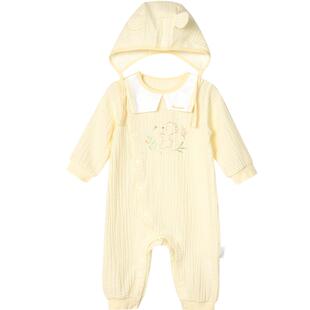 全棉时代春秋婴儿绉布连体服宝宝哈衣爬服男女宝宝带帽连体服套装