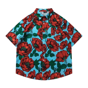 TRAVEL ISLAND 柳绿花红 美式复古个性红色花卉绘画翻领短袖衬衫