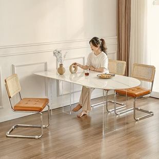 奶油风格 岩板餐桌小户型椭圆形半圆悬浮组合餐桌椅亚克力饭桌岛台