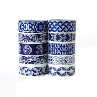 国潮复古中国手帐手工民族风青花瓷底纹边框造景素材和纸胶带贴纸