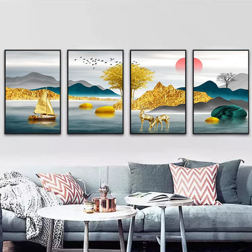 客厅装饰画沙发背景墙挂画现代简约北欧创意轻奢四联房间组合壁画
