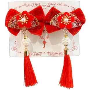 女童新年红色发夹2026新款过年头饰儿童古风流苏假发发卡女孩夹子