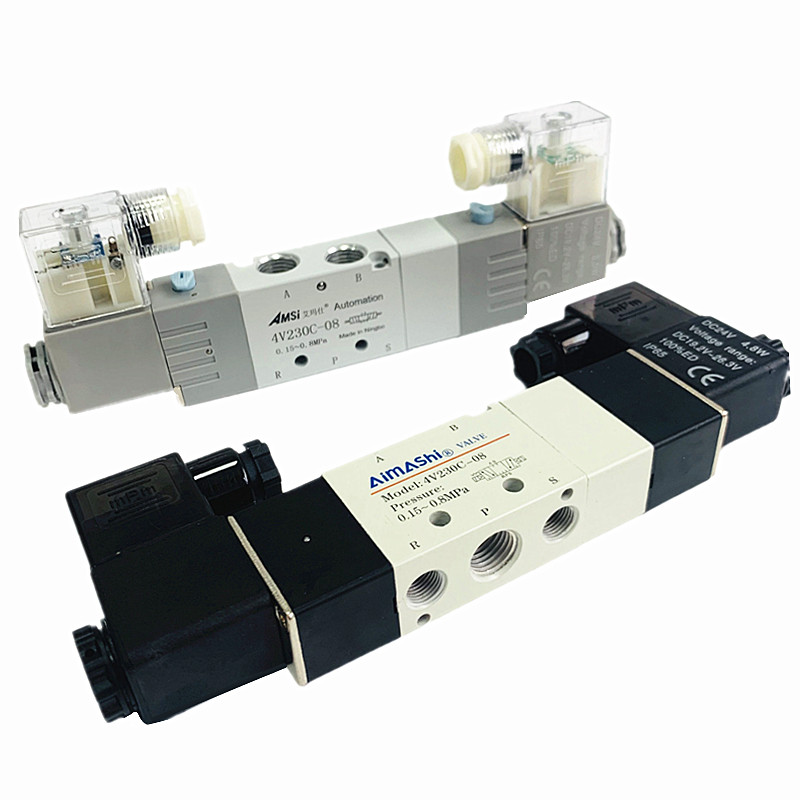 4V230C-08电磁阀三位五通双头中封换向阀24V气动电磁控制气阀220V