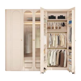 复古实木圆弧衣柜家用卧室奶油风新款衣帽柜首饰收纳柜藤编梳妆柜