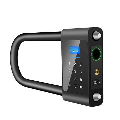 密码U型锁玻璃门指纹挂锁双门办公室商铺店面防水智能电子u型插锁