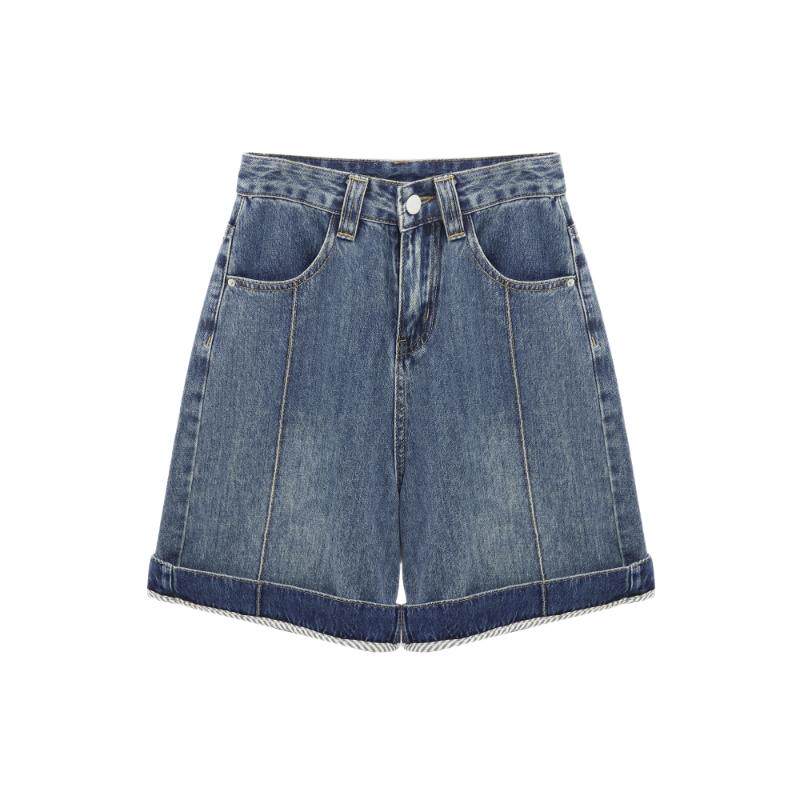 Basic House/百家好复古水洗卷边松弛宽松直筒夏季高腰牛仔短裤女