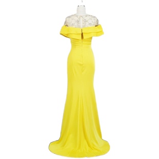 黄色大气质钉珠修身包臀显瘦曲线拖尾女晚装礼服长裙演出主持宴会