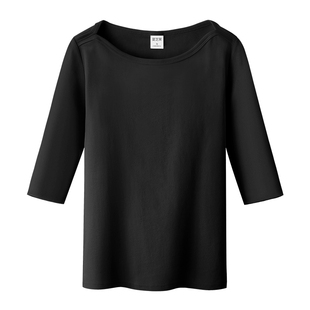 黑色罗纹棉一字领中袖t恤女夏季纯色修身七分袖打底衫上衣五分袖