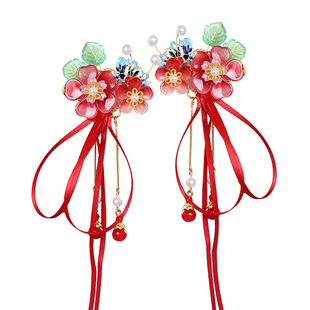 新款汉服流苏发夹儿童古装花朵飘带发饰中国风红色喜庆女宝宝对夹