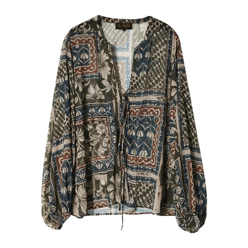 【3件5折】COCOBELLA波普印花雪纺衫裸领波西米亚度假衬衫SR7071