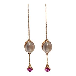 天然玉髓S925纯银玫瑰金白冰蛋面红宝长耳线玉耳环气质时尚百搭