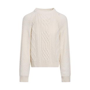 LILY2025冬新款女装羊毛混纺法式绞花重工加厚套头白色针织衫毛衣