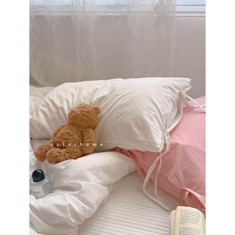 少女的枕套！绑带款粉色纯色斜纹全棉单人枕头套皮48*74cm一对拍2