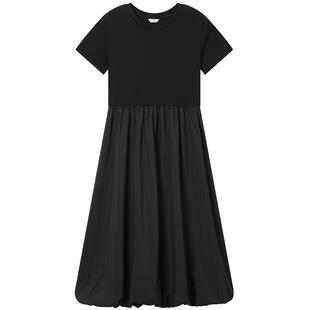 热风赫本风小黑裙2026年夏季新款女士花苞拼连衣裙黑色显瘦连衣裙