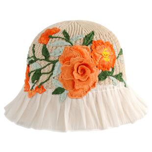 民族风刺绣花夏季遮阳帽子女白纱边帽檐太阳帽防晒透气轻盈盆帽