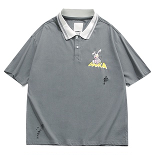 GUUKA潮牌烟灰色短袖POLO衫男纯棉夏季罗比兔撞色破洞重磅T恤宽松