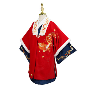 男童原创中国风加绒加厚明制道袍过年汉服男宝古风红色拜年服套装