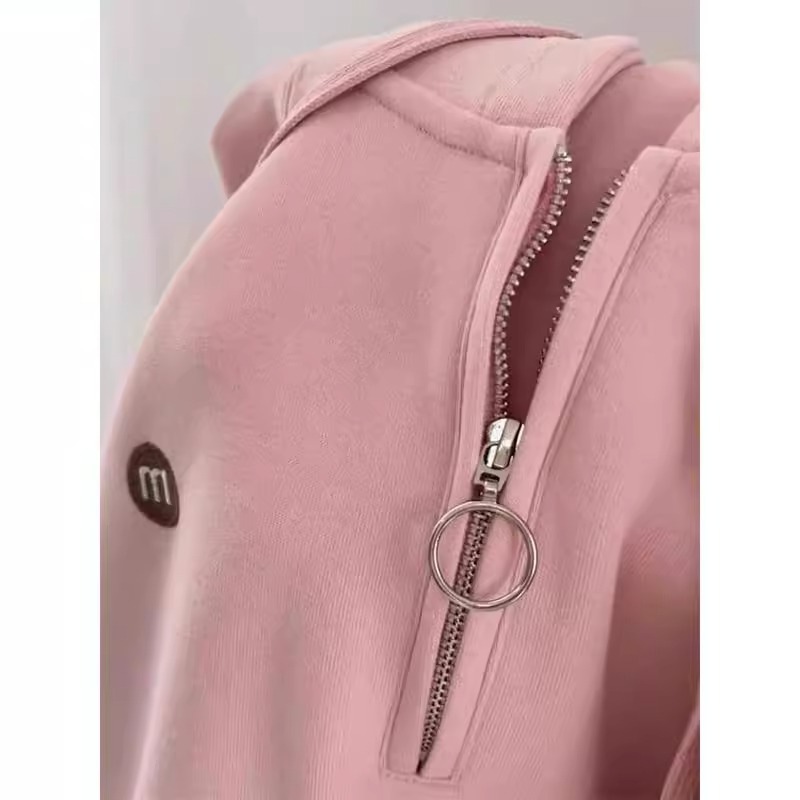 特大码2-300斤半拉链连帽卫衣女秋冬加绒加厚设计感小众纯色上衣