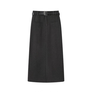 灰色加厚毛呢半身裙女秋冬季高腰包臀直筒裙小个子长款开叉西装裙