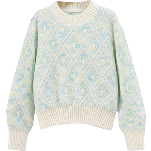 她池时尚毛衣2026春装新款女装甜美宽松圆领撞色落肩长袖套头上衣