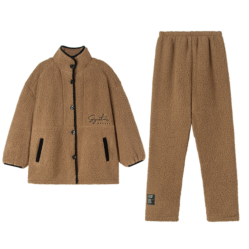 妮狄娅情侣睡衣女冬季羊羔绒立领开衫男珊瑚绒秋冬款家居服套装