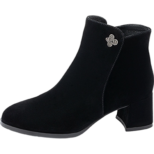 康莉羊皮棕色靴子冬季新款粗跟气质百搭增高短靴时装靴美拉德女靴