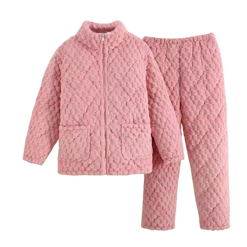 冬季加绒加厚三层夹棉珊瑚绒睡衣女装法兰绒金龟绒保暖家居服套装