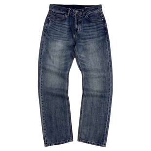 全棉水洗做旧丹宁牛仔裤男赤耳布边宽松直筒简约男脱浆养牛长裤潮