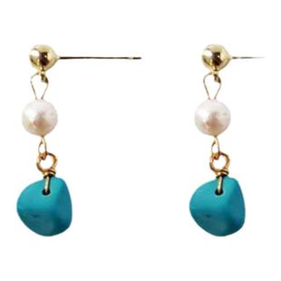 淡水珍珠925银针耳环小众耳饰女复古合成绿松石手作耳坠14K包金